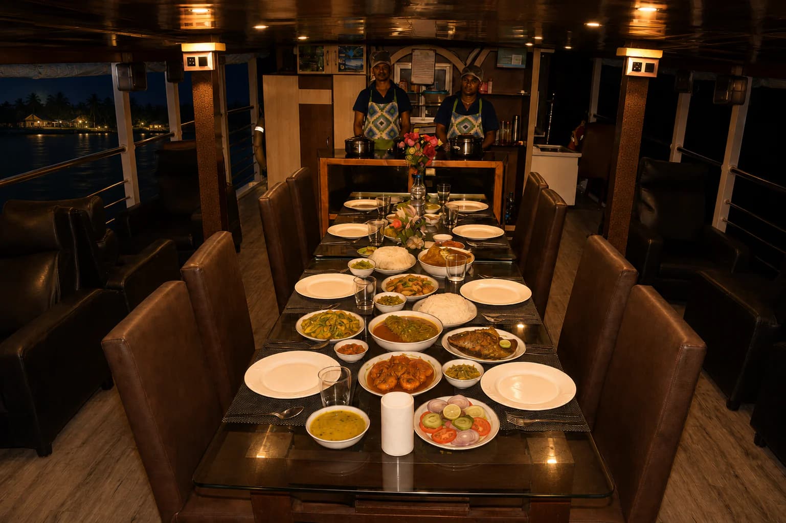 Dinner table with local food served onboard Whispering Winds at night