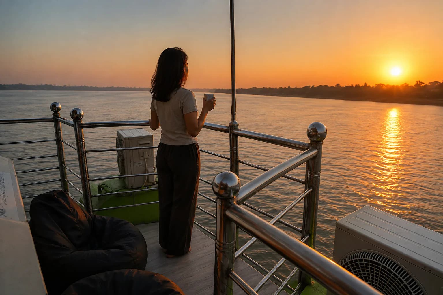Guest holding a cup on the deck of Whispering Winds at sunrise