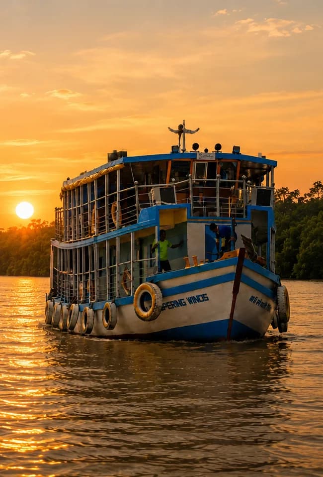 Whispering Winds houseboat sailing through the Sundarbans at sunset
